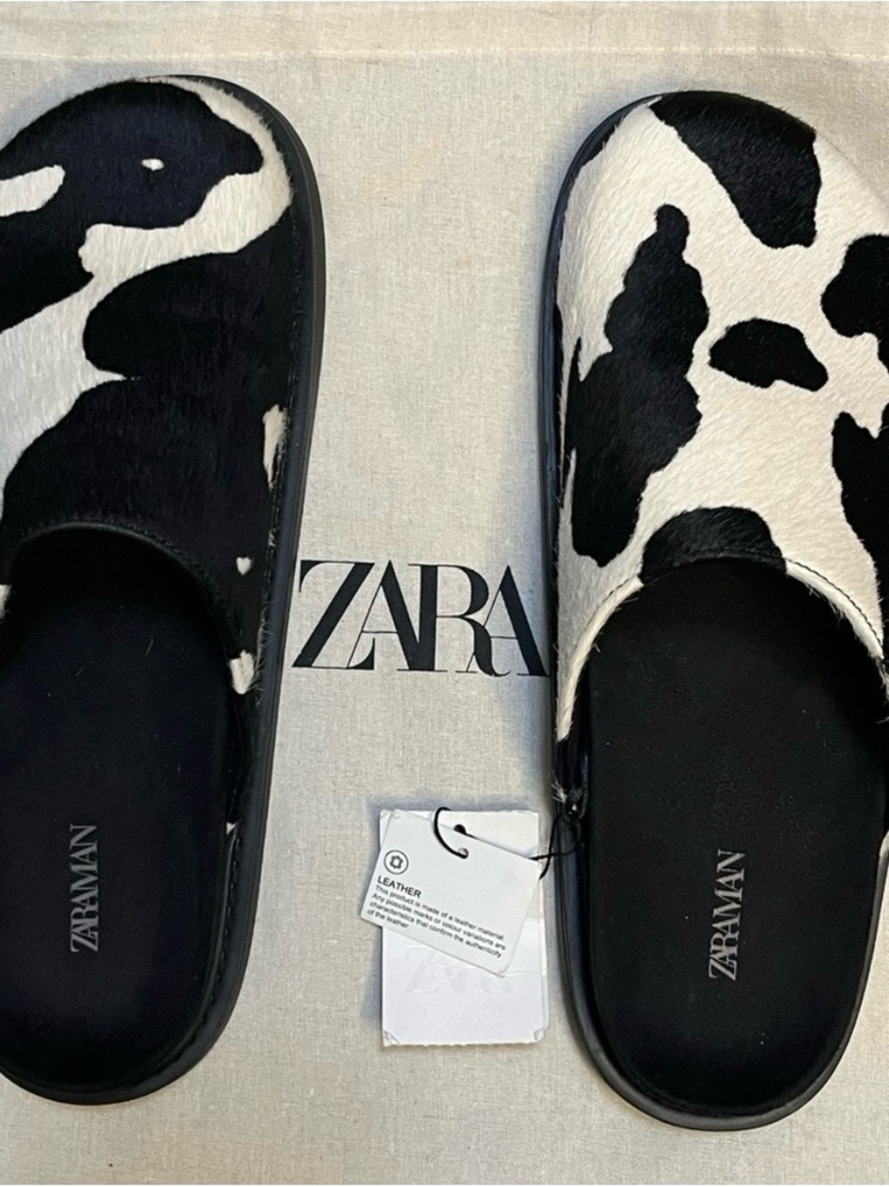 Zara Black and White Cow-Print Slide Mules (Men size 41) - Picture 2 of 7
